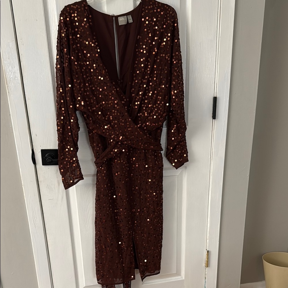 ASOS Brown Sequin Ruched Wrap Dress